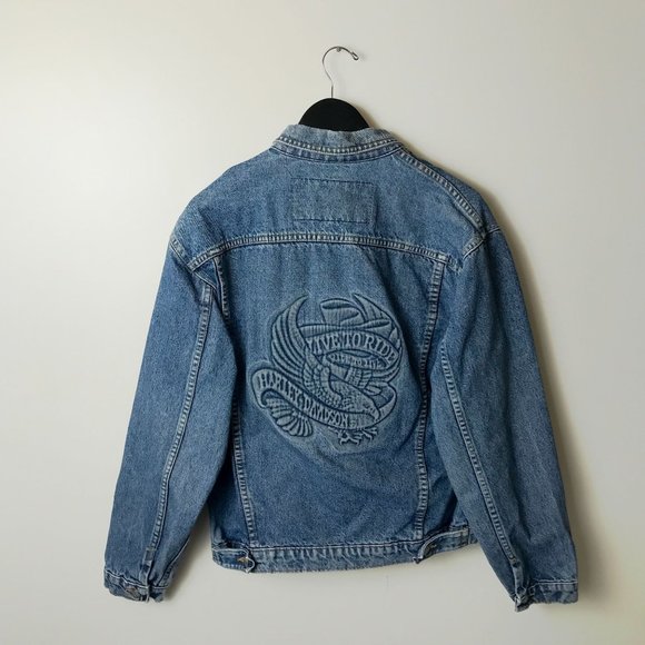 Vintage Harley Davidson Eagle Denim Jacket Motorcycles Adult Blue Medium Biker - Picture 14 of 16